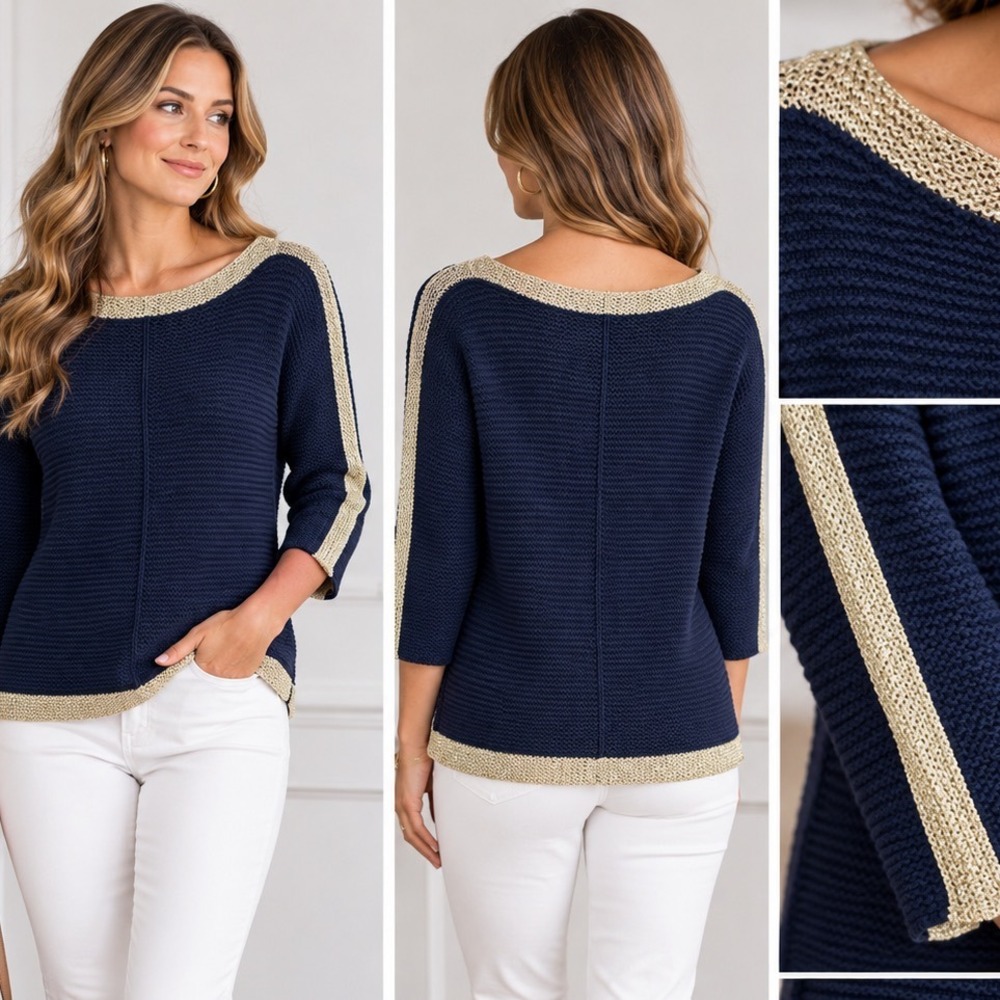 Lilly Pulitzer Womens S Navy Gold Metallic Knit Sweater Boat Neck Preppy Coastal
